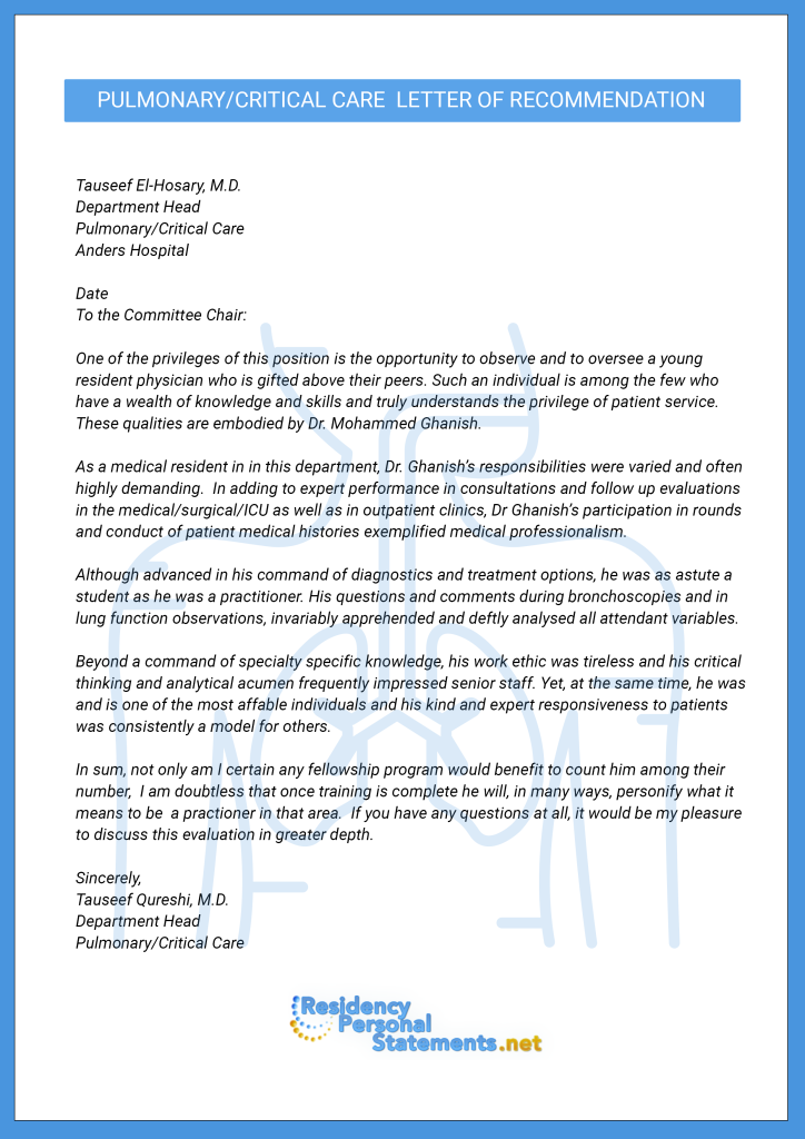 Letter Of Recommendation For Medical Fellowship Example Residency 