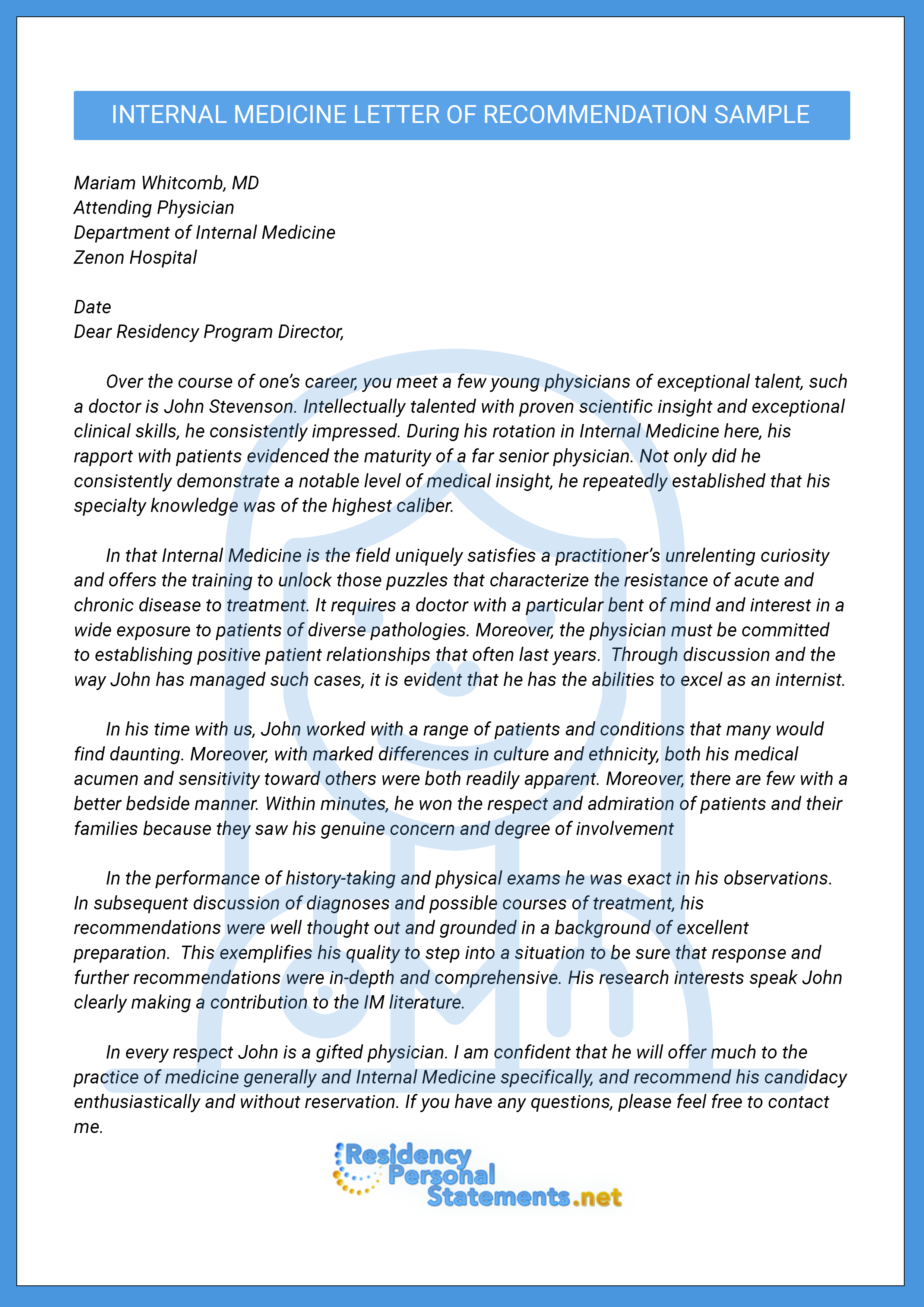 Letter of Recommendation for Internal Medicine Residency