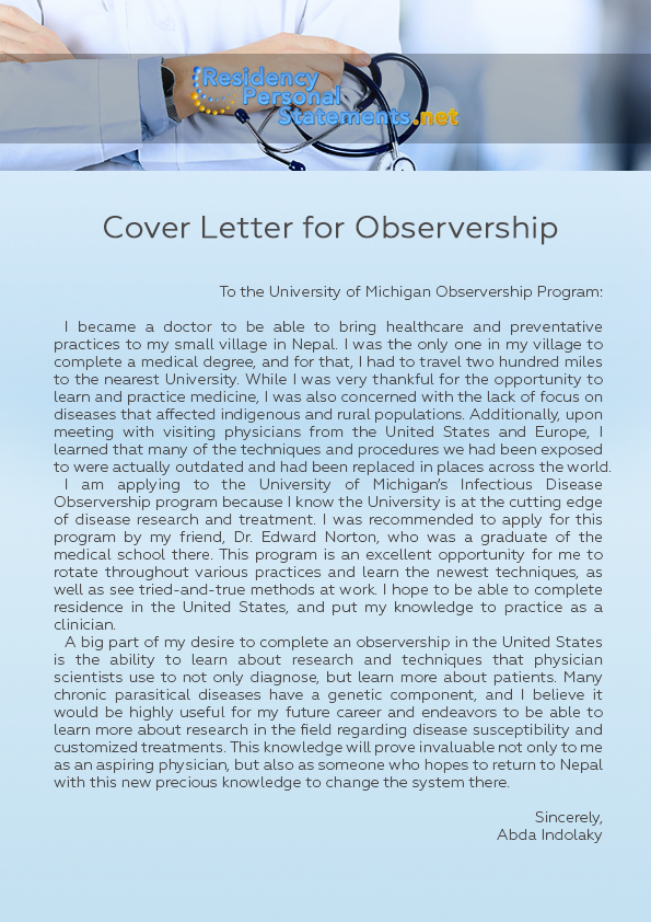 Cover Letter for Observership Sample