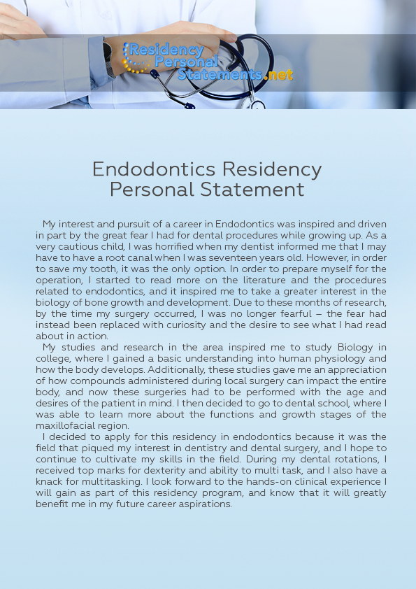 Endodontics Residency Personal Statement Sample