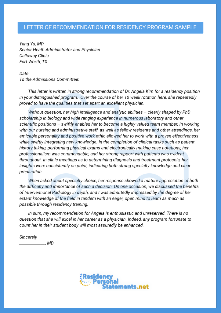 Professional Letter of Recommendation for Residency Program Sample