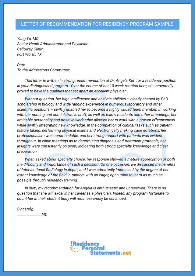 Letter of Recommendation for Medical Residency