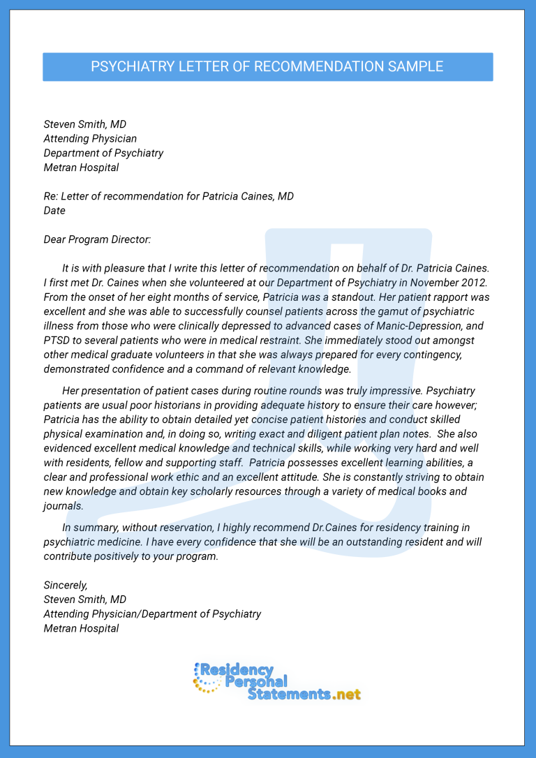 Psychiatry Letter of Recommendation Sample 2019/2020 Residency