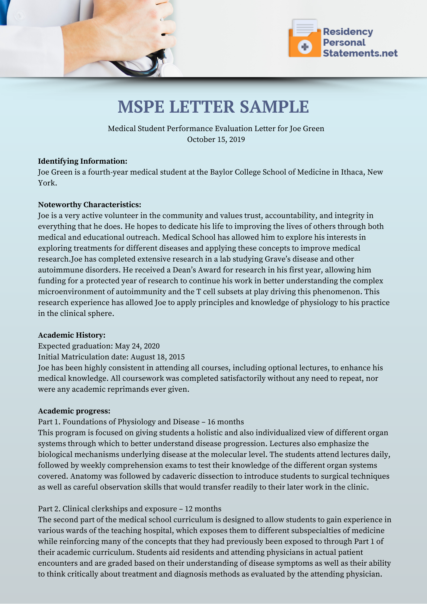 mspe sample noteworthy characteristics